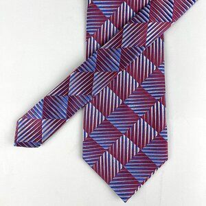 Jhane Barnes Burgundy Red, Navy, Tan Geometric Diamond Print Mens Silk Neck Tie
